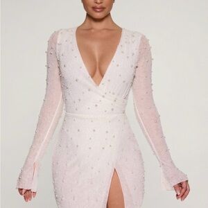 Oh Polly White Beaded Long Sleeve Dress